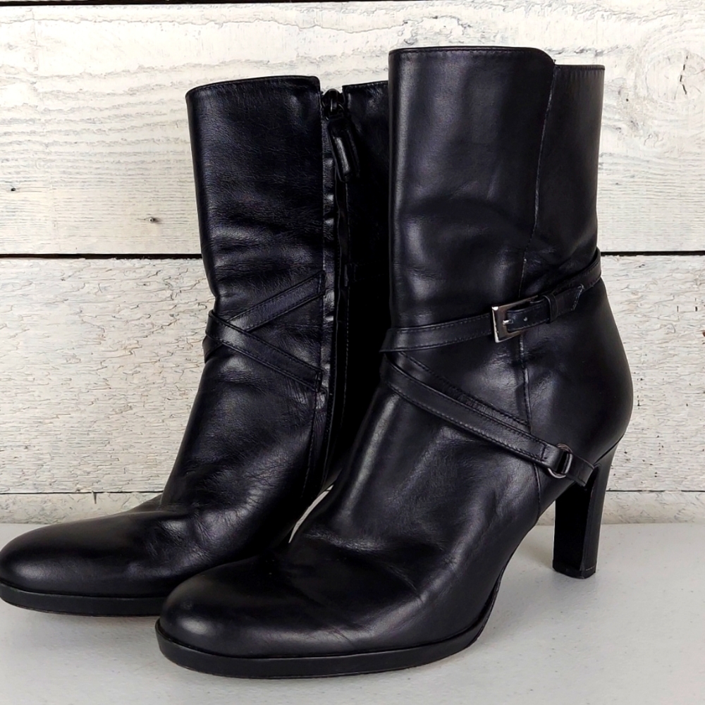 ANTONIO MELANI Black Leather Ankle Booties with Buckle size 7